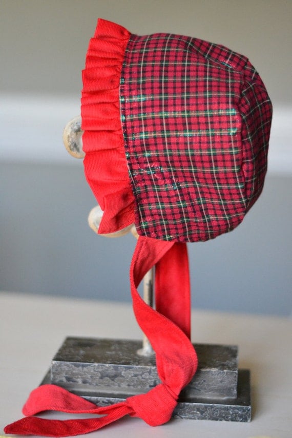 Reversible Red Corduroy and Metallic Plaid Bonnet by TheTipsyBunny