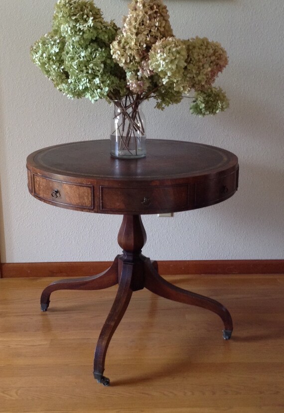 Antique Weiman Drum Table Leather Top Game Antique Weiman Drum Table Leather Top Game Parlor Wood