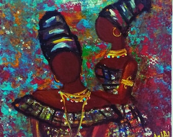 Mini acrylic painting/african women/with easel