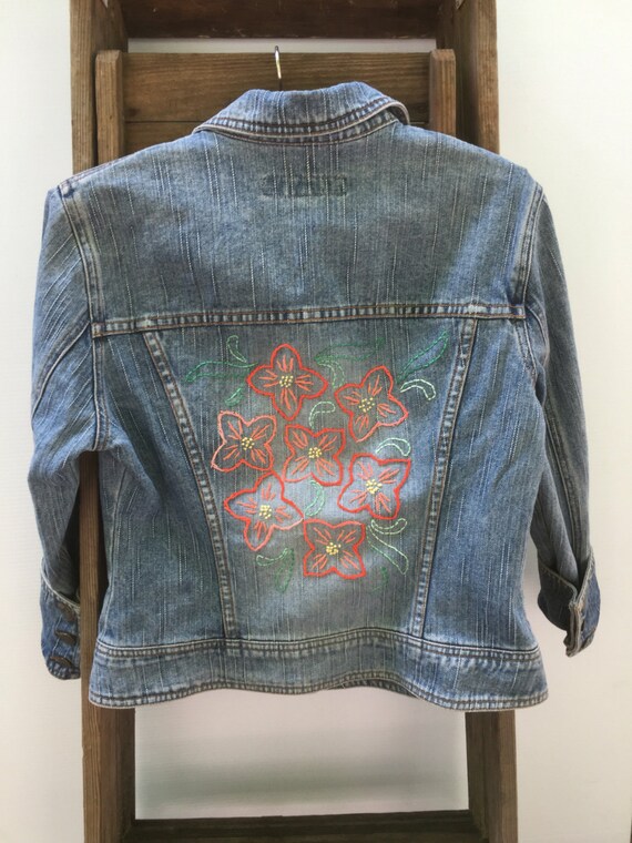 embroidered denim jacket red floral by savingmyvintageheart