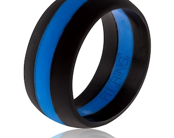 Fit Ring ™ Men’s Silicone Wedding Ring Thin Blue Line - Powered by Arthletic™ - Law Enforcement Silicone Wedding Band - Police Safe Rings