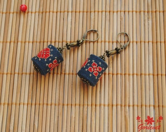 Birthday gift for women dangle earrings bohemian jewelry gift holiday jewelry red black fabric earrings embroidered jewelry antique bronze