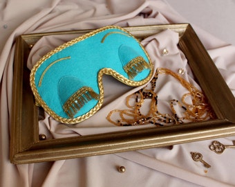 Breakfast at Tiffany’s and Audrey Hepburn in role of Holly Golightly sleeping mask. Cute handmade sleep mask in Tiffany and CO blue color
