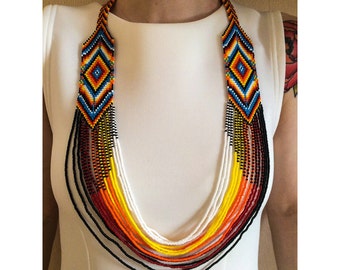 Stunning Fire Native America Bead Necklace, Bead Loom Necklace, Loom Bead Necklace, Native America Jewelry, Native America Bead Jewelry
