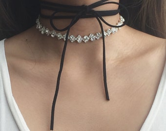 SALE! 50% OFF Triple-Tie Suede Ribbon Choker / Crystal Rhinestone Statement Necklace - Elle Orig. Price 30 USD