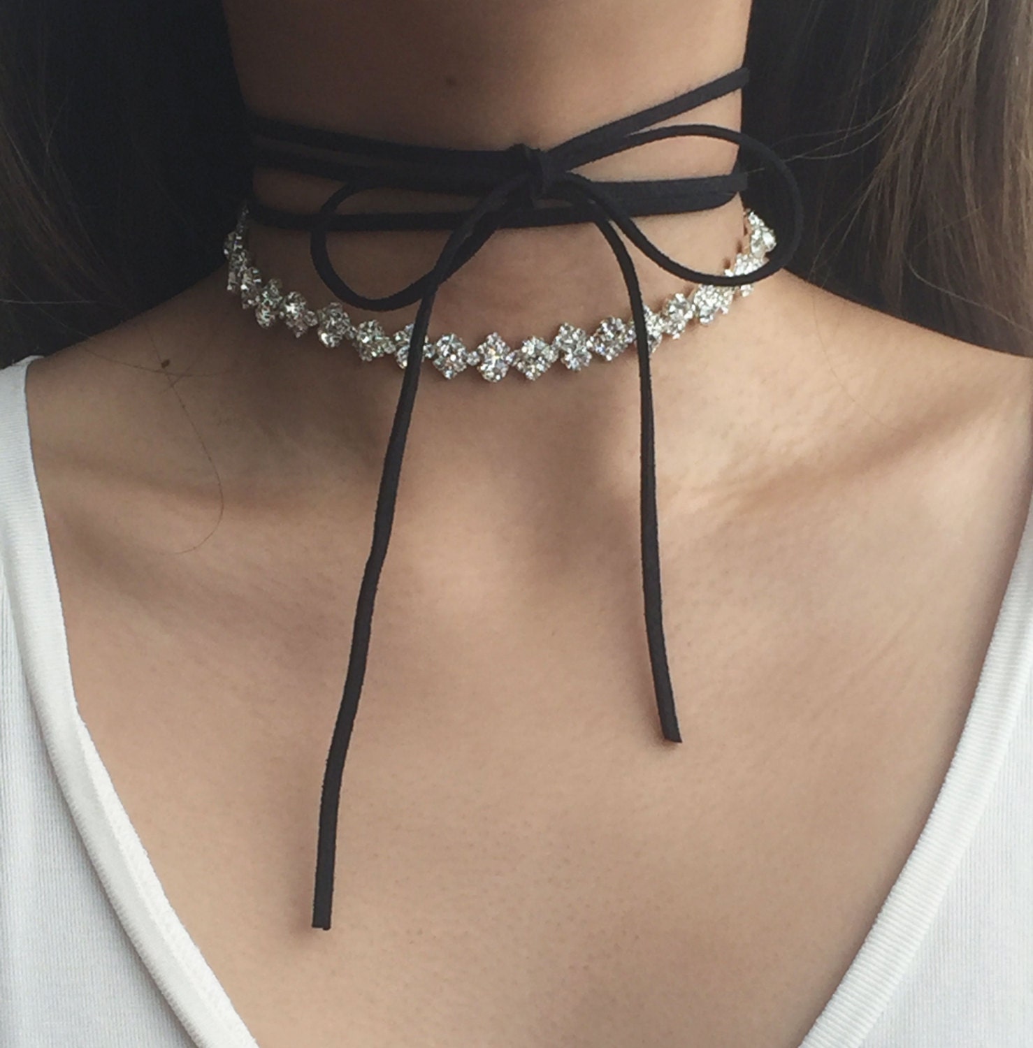 SALE 50% OFF Triple-Tie Suede Ribbon Choker / Crystal