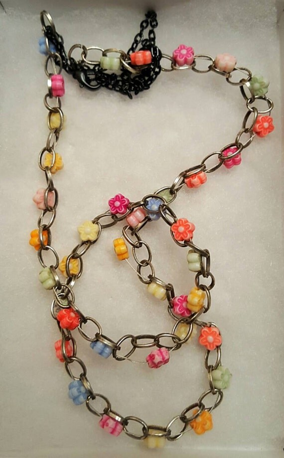 Chain Rainbow Flower Necklace Upcycled Jewelry