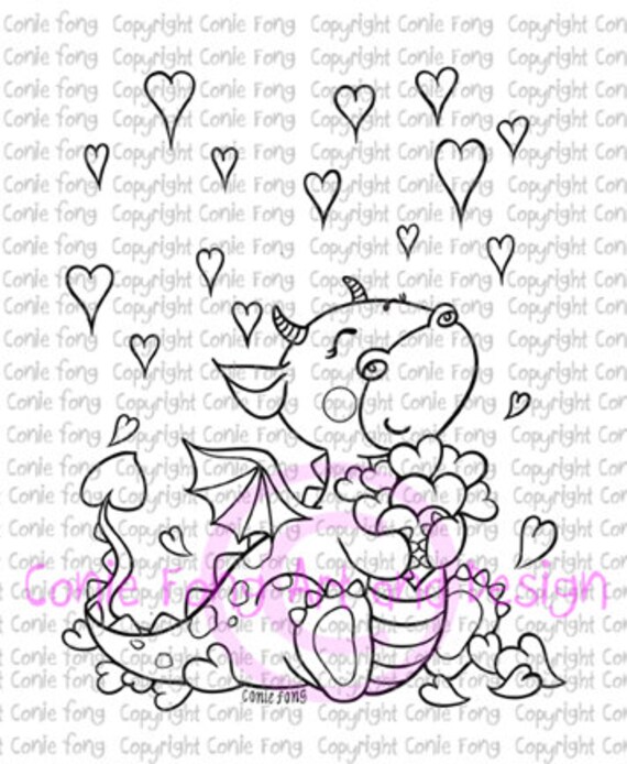 Digital Stamp, Digi Stamp, Digistamp, Tori the Dragon-Raining Hearts by Conie Fong, valentines, love, dragon, coloring page, heart