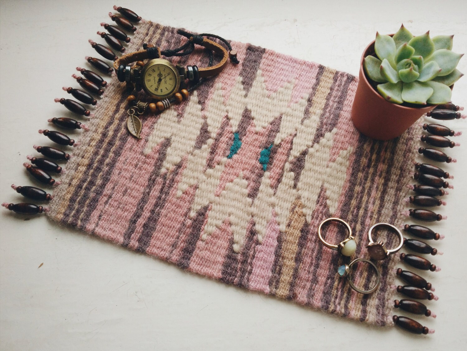 SALE Bohemian Hand Woven Table Mat with Bead Details
