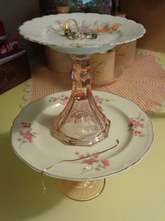 vintage china pink depression glass jewelry stand by HHAttic
