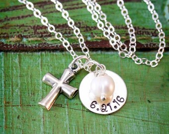 SALE • Baptism Gift • Personalized Baptism Date • Sterling Silver Cross Charm • Custom Baptism Necklace • Confirmation Date Christian Gift