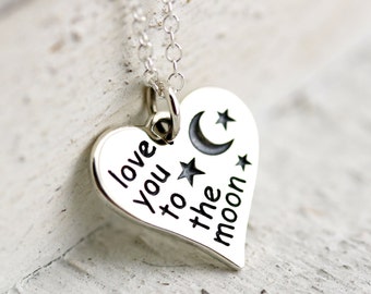 Love You to the Moon Heart Necklace - Sterling Silver Love You to the Moon Necklace - Heart Necklace - Love Necklace - Quote Necklace