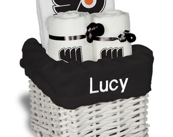 Personalized Philadelphia Flyers Baby Gift Basket - Bib, 2 Burp Cloths - Small