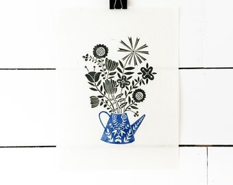 Flower Art Print, Floral Print, Scandinavian Print, Lino Print, Linocut Print, Block Print Art, Blue Art Print, Wildflower Print, Folk Art