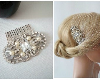 Birdcage Veil, Ivory Wedding Veil, Bridal Veil and Bridal Comb, Bandeau Birdcage Veil, Bridal Fascinator, Art Deco Veil, Art Deco Hair Comb