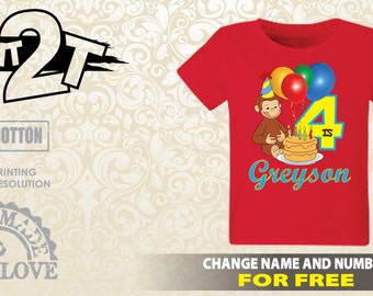 Curious George Custom T-Shirt, Custom Name and Number 1st 2nd 3rd 4th 5th 6th 7th Birthday 2T,3T,4T,5T,6T,7T, Custom birthday shirt