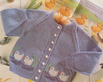 Baby Toddlers Cardigan PDF Knitting Pattern : Duck Motif . Childrens 20, 22, 24 and 26 inch chest . Boy or Girl . Digital Download