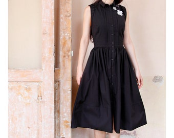 Black Shirt Dress, Casual Dress, Retro Dress, Collar Dress, Flower Dress, Sleeveless Dress, Swing Dress, Circle Dress, Preppy Dress