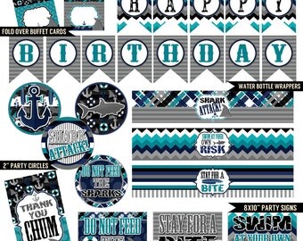Shark Attack Digital Printable Boys Ocean Under The Sea Birthday Party Printables Package INSTANT DOWNLOAD