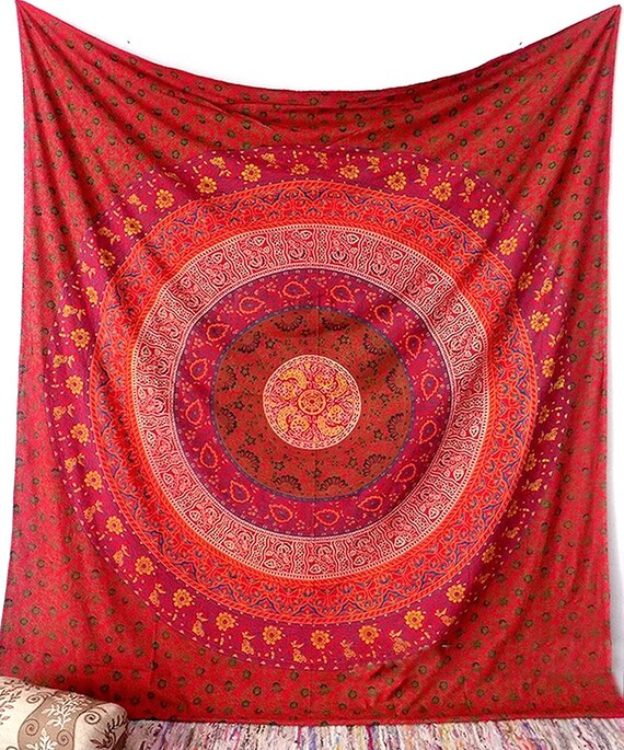 RED Floral Mandala Wall Tapestry Fabric Hippie by FabricSarmaya