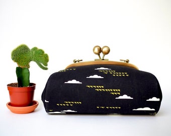 Black Clutch Bag with Strap, Birds and Clouds Handbag, Kiss Lock Purse, Metal Frame Canvas Clutch Purse, Minimalist Bag,Unique Gifts for Her