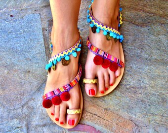 40% OFF Colorful Sandals / Pom Pom Sandals / Bohemian Strappy Sandals / Greek Leather Sandals / Womens Sandals / Ethnic Boho Sandals