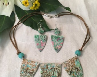Colorful polymer clay necklace with earrings handmade