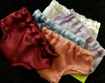 Package of 5 Satin Panties made to fit most 18 inch Dolls in White, Blue, Salmon Pink, Burgandy and Lilac Purple