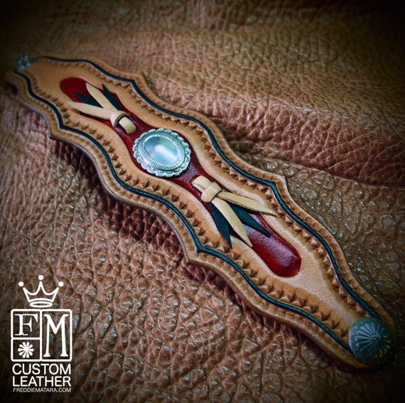 Leather cuff wristband Native Western style hand tooled with kangaroo lace and Conchos handmade for YOU in NYC by Freddie Matara