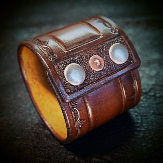 Brown Leather cuff wristband Saddle Brown Cowboy Old West style Stamped and hand tooled for YOU in NYC by Freddie Matara!