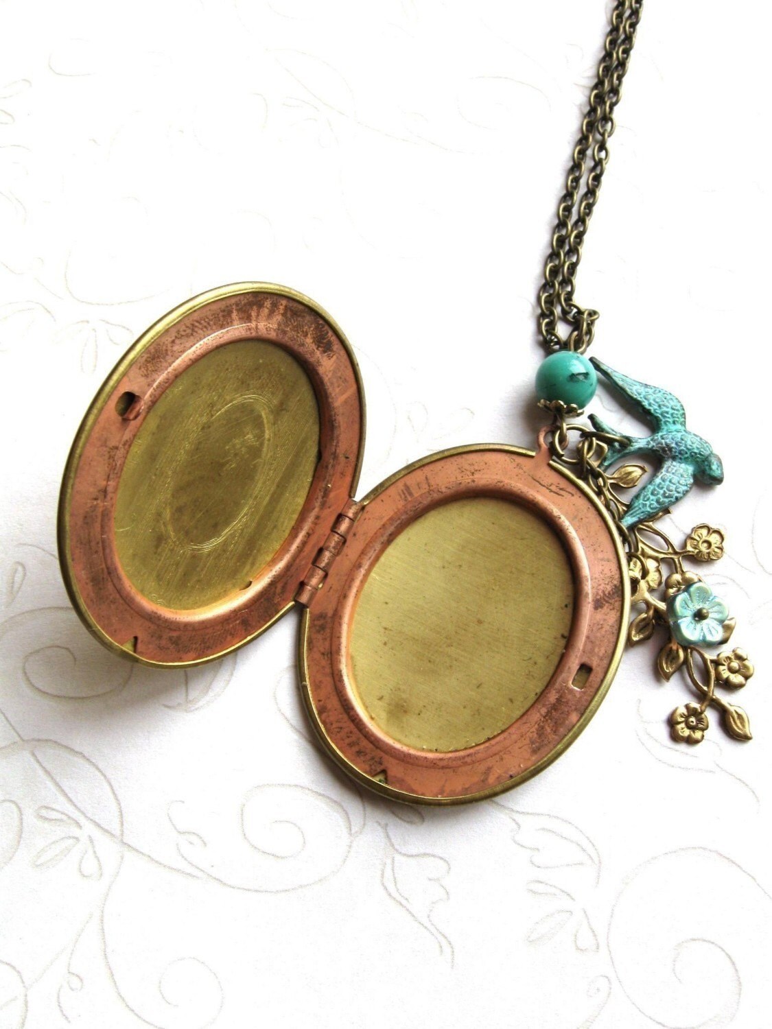 Long vintage locket necklace oval brass locket verdigris