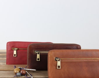 Ladies Leather Ziparound Wallet, Leather Purse, Antique Tan, Brown, Red
