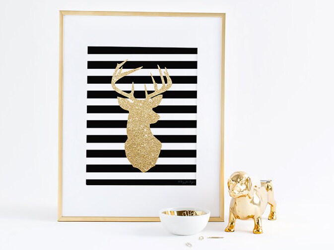 Gold Deer Head Art Print Gold Glitter Deer Antlers Home Wall