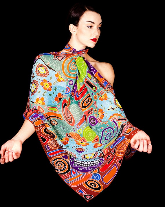 Hand Painted Silk Scarf with four Skulls. Large Square painted on Chiffon 100% Silk. Colorful wearable art with beautiful graphics. 37"x43".