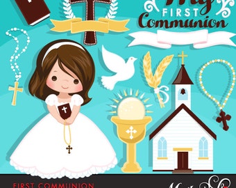 First Communion Clipart for Girls. Cute Communion characters, graphics, bible, church, rosary, communion banner. First Communion Graphics