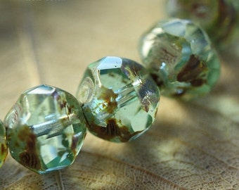 AQUA CRYSTAL .. 10 Picasso Czech Glass Baroque Beads 8mm (31-10)