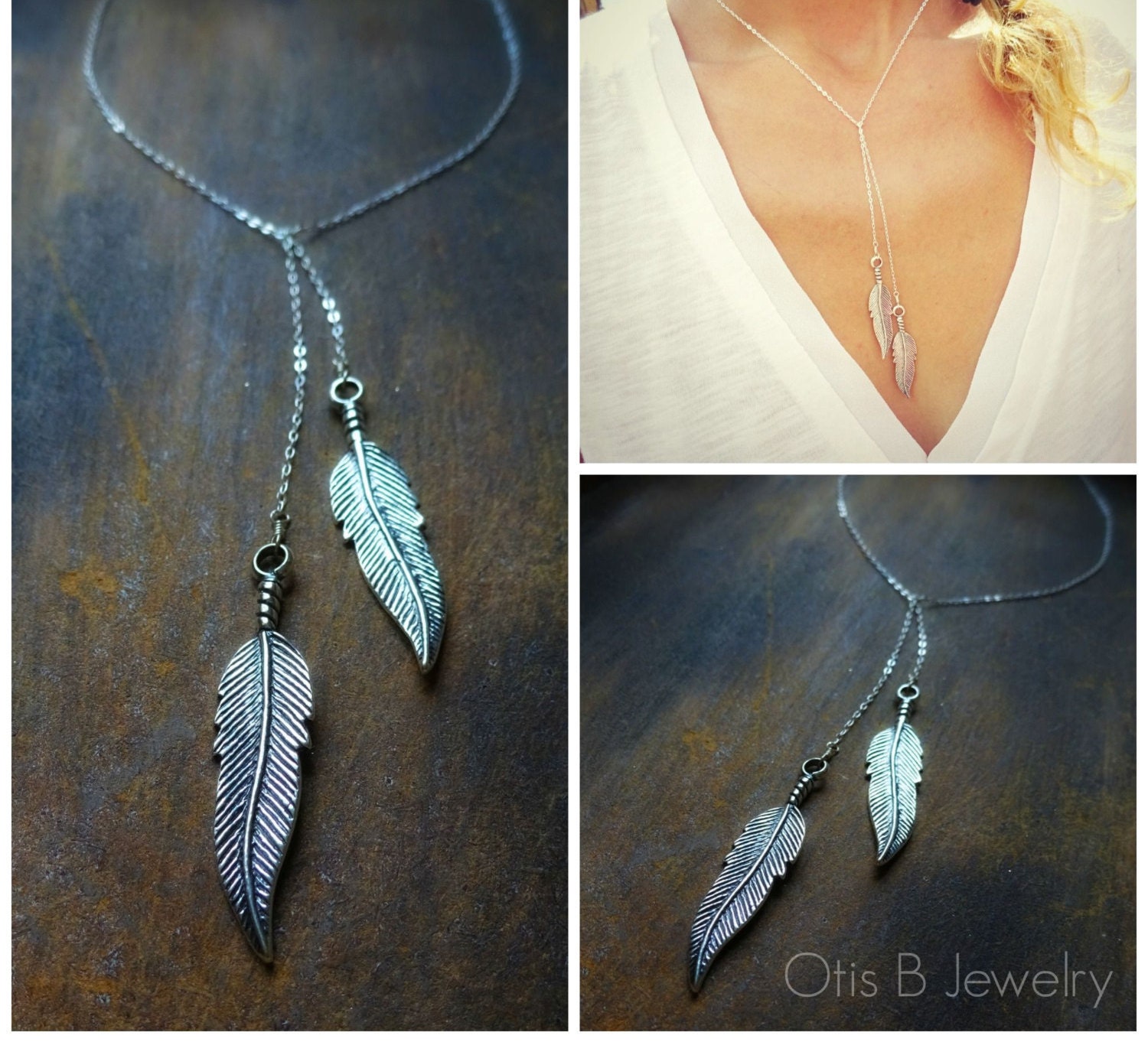 Sterling silver feather lariat y necklace by OtisBJewelryGifts