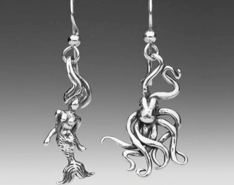 Mermaid and Octopus Earrings Silver - Mermaid Earrings - Octopus Earrings - Mermaid Jewelry - Octopus Jewelry - Ocean Jewelry Siren Jewelry