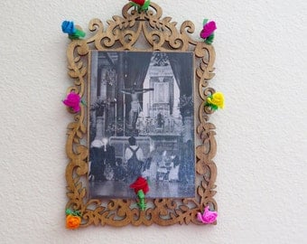 Vintage Mass Photograph at the Basilica de GUADALUPE in Mexico with Antiqued Wood Shrine- A peek into history
