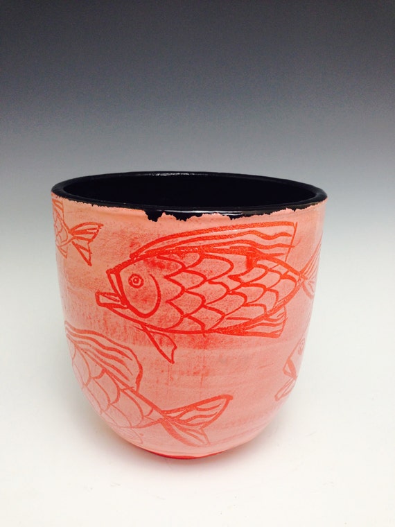 Items similar to Fish Bowl, Ceramic Fish Pot, Red Tropical Fish Vase on