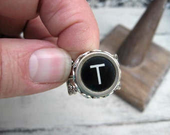 Typewriter Key Ring - Typewriter Key Jewelry - T Initial Ring - Antique Typewriter Key Adjustable Ring - Initial Ring