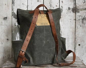 Waxed Canvas Backpack Rogue in Moss, Rucksack, Waxed Canvas Bag, Bicycle Bag, Bike Bag, Waxed Canvas Travel Bag, Leather Straps, Travel