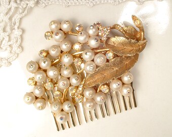 OOAK Gold Leaf Pearl Bridal Hair Comb, True Vintage Brushed Gold Rhinestone Brooch Wedding Headpiece, Flower Hair piece, Rustic Chic Country
