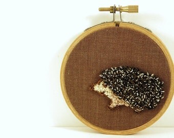 Punch Needle Hedgehog Embroidery Hoop Art. Brown, Tan, Natural Colors. Eco Friendly Neutral Home or Cottage Decor. by HarpandThistle