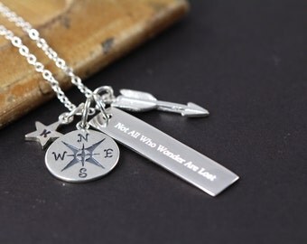 Not All Who Wander are Lost Necklace , Graduation Gift , 925 Sterling Silver Engraved Jewelry