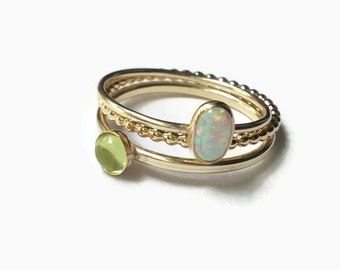 Gold peridot ring gold gemstone rings, 14k gold filled stacking rings set, gold stacking rings, stackable gold ring, gold opal ring