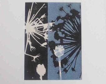 Original botanical monoprint by printmaker Stef Mitchell. Coastal seed heads. Modern boho floral print. Dusky sky blue wall art