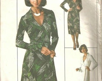 1970s Wrap Dress Long Sleeves Cuffs Day Evening Length V Neckline Simplicity 7705 Size 10 Bust 32.5 Women's Vintage Sewing Pattern