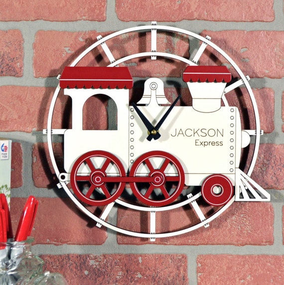 Kids Wooden Train Clock Personalized Nursery by graphicspaceswood