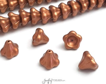 Copper Bell Flower Beads, Matte Copper, Czech Glass Beads, Large Bell Flower Bead Cap, 11x13mm Bell Flower Beads, Lot Size 10, #311